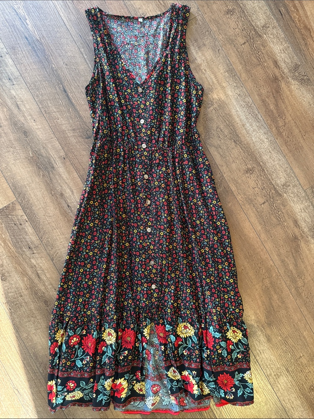 Floral Button-Front Black Maxi Dress